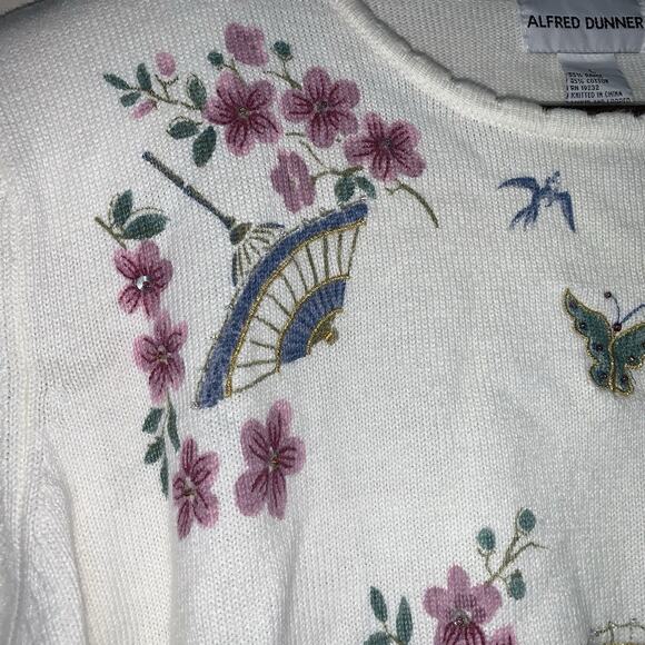 Vintage Alfred Dunner Floral Butterflies White Embroidered Bead Knit Top Size L - Picture 4 of 12